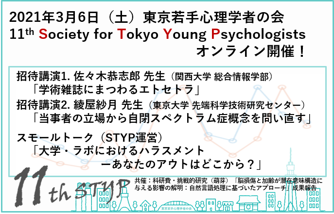 itaguchi_y's tweet photo. 今年もSTYP(東京若手心理学者の会)やります!オンラインです!3月6日(土)参加発表無料です!講演者は関西大学 佐々木先生と東京大学 綾屋先生です。#STYP #心理学
https://t.co/C30ZG5lAZm https://t.co/dvfkrQ5Wus