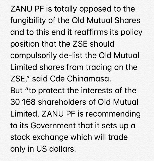 2/At the time Nick Mangwana GOZ perm sec of information called OM and other dual listed firms “ fake counters”. Chinamasa speaking on behalf of Zanu PF said “ZSE should compulsorily de-list”. In other words. Fake counters must be compulsorily delisted. Duly ZSE delisted OM