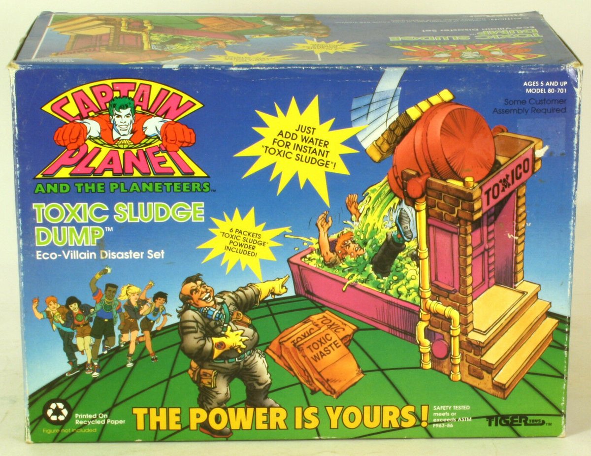 The influence of second-wave environmentalism in the late 80s & early 90s led to an explosion of neon 'toxic waste' toys. Captain Planet's 'Toxic Sludge Dump' ('91), and GI Joe's 'Eco-Warriors' line ('91) are notable examples.