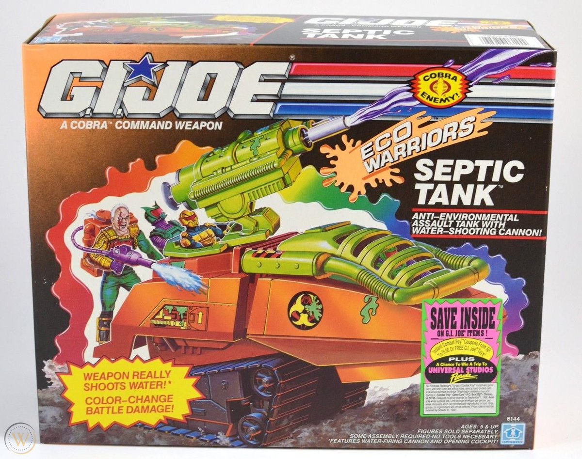 The influence of second-wave environmentalism in the late 80s & early 90s led to an explosion of neon 'toxic waste' toys. Captain Planet's 'Toxic Sludge Dump' ('91), and GI Joe's 'Eco-Warriors' line ('91) are notable examples.