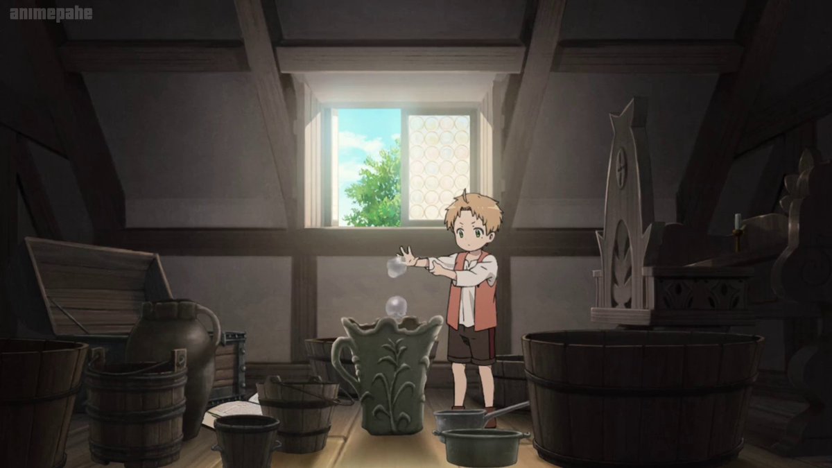 (1) The scene Rudeus is practicing Water Balls. The vessels increase around him with the passage of different seasons - indicating how much Water Balls he has managed to produce in a year compared to only two he managed the first time. A long growth