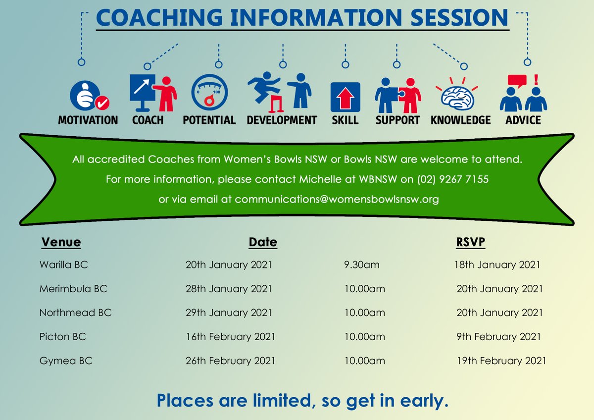 BowlsAustralia's tweet photo. 🚨 NSW COACHING INFORMATION SESSIONS 🚨

If you are a coach and you want to reach higher levels as a mentor you don't want to miss out on these phenomenal sessions.

Check 👇 on your closest seminar and RSVP by the closing date specified. See you there! @BowlsNSW @WBNSW https://t.co/aVC5Kl3bpF