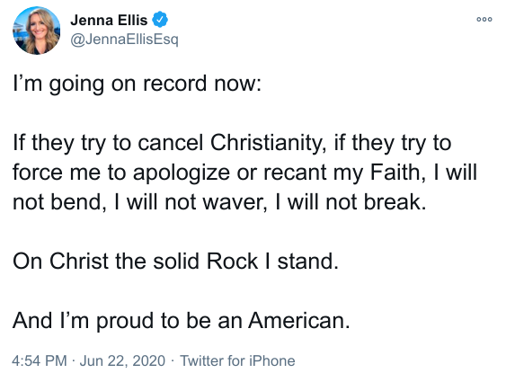 Last addition: Jenna Ellis, one of Trump's election theft lawyers is a Christian supremacist who has the following tweet pinned to her profile. She wants to die for Jesus and she wants you to know that she does.