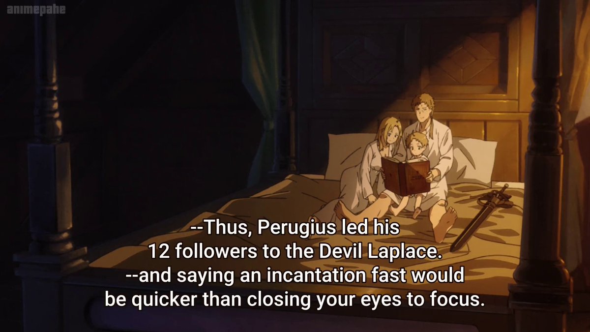 (3) Paul reading a story to Rudeus - the legend of Perugius and his 12 followers and the name drop Devil Laplace. An exposition to the lore, a reference point for future plot/s