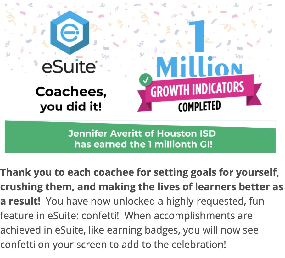 GreenKammi's tweet photo. Congrats, Jennifer Averitt from @HoustonISD for earning the 1 millionth GI! So excited for the confetti feature in eSuite! @HISD_ElemRLACur @HISDElemReading @HISD_Academics @magard12 @PollyC07 @TashaThoward1 @MsSambolaElemSS @ShannonKBuerk @engage_learning #engage2learn https://t.co/Kx2sXmDIUG