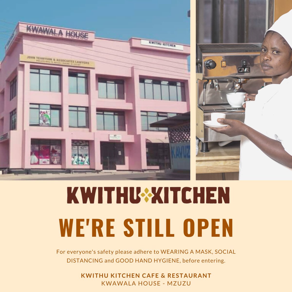 WE'RE STILL OPEN

But your safety and the safety of our staff is important to us. Please adhere to the following when visiting us:

☕ Wear a mask
☕ Wash your hands
☕ Social distance

Note that Kwawala House observes a NO MASK NO ENTRY policy. We look forward to serving you.