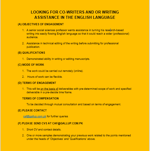 GallupPak's tweet photo. Gallup Pakistan is looking for co-writers and/or writing assistance in English language. Interested candidates may apply at caf@gallup.com.pk
#jobposting #joblistings #job2020 #jobadvertisement https://t.co/gWKH8BnE1m