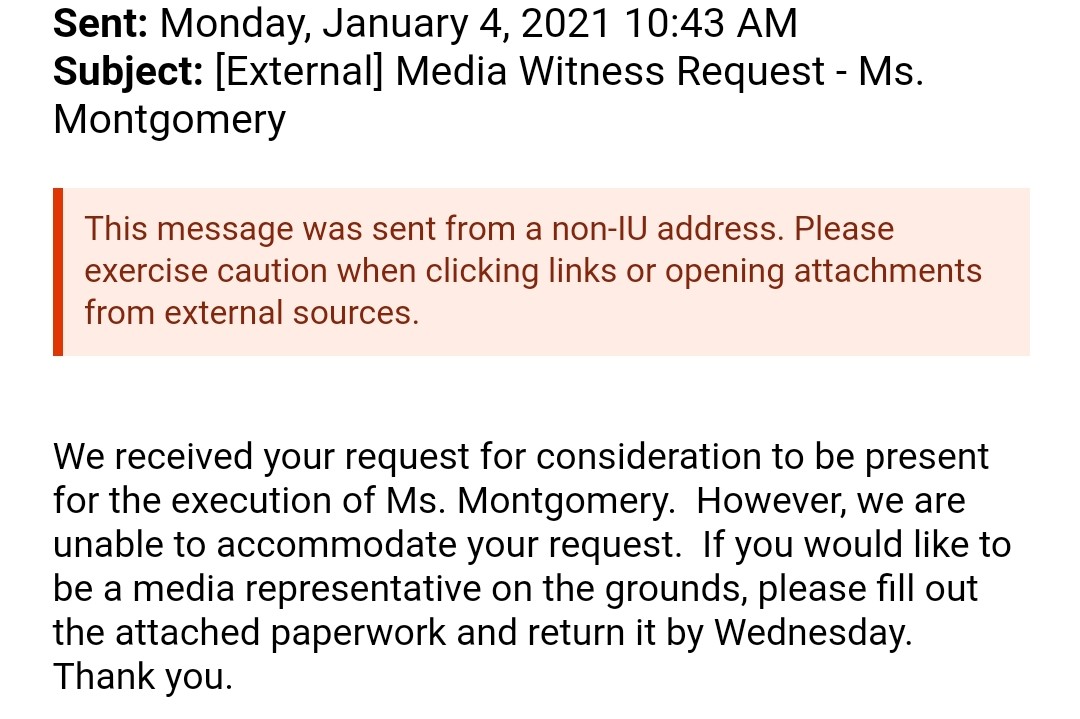 I won't be in the room. For the first time since the Trump administration's execution spree began, the U.S. Bureau of Prisons rejected our requests to send a representative to witness the execution on behalf of Indiana public radio and NPR newscast listeners.