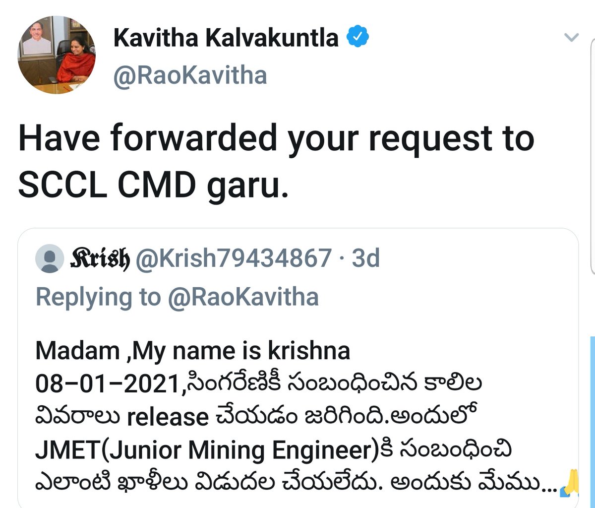 youth_singareni's tweet photo. #JMET నోటిఫికేషన్ గురించి సీఎం&amp;డి గార�� దృష్టికి కవితక్క గారు తీసుకోని వెళ్లారు. JMET అభ్యర్థులకు న్యాయం చేసే విధంగా @RaoKavitha గారు ప్రయత్నం చేస్తున్నారు,ఎలాంటి తొందరా పాటు నిర్ణయాలు తీసుకోకుండా సమన్వయం పాటిచాలి అని సింగరేణి యువజన విభాగం పక్షణ కోరుతున్నాము 🙏🏻. https://t.co/Gp9rJzLdhM