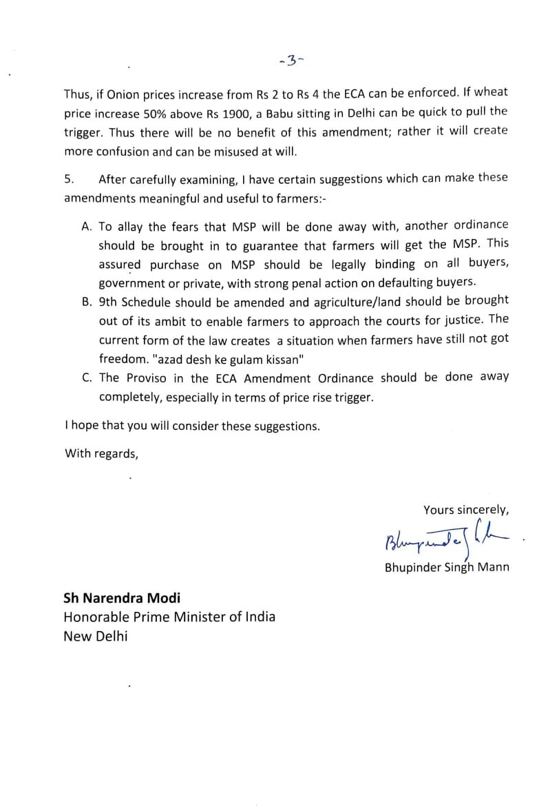 Emotional letter by 81-year-old Bhupinder Mann , one of the 4 members of committee, on September 1st,2020 where he shared his personal fight over the four decades to get remunerative prices for farmers to seeking amendments in new bills..