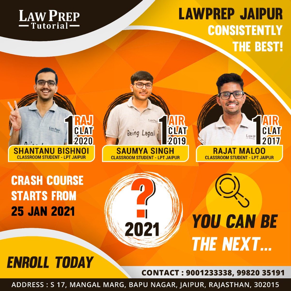 LegaledgeJpr's tweet photo. Join the league of toppers. Join crash course starting from 25 Jan 2021.

Contact us on: 9001233338 ; 9982035191

#LawPrepJaipur #LawPrep #CLAT2021 #CLAT2022 #TargetCLAT #TargetCLAT2021 #StudyNow #CLATPreparation #CLATCrashCourse https://t.co/nMZkKlDsLc