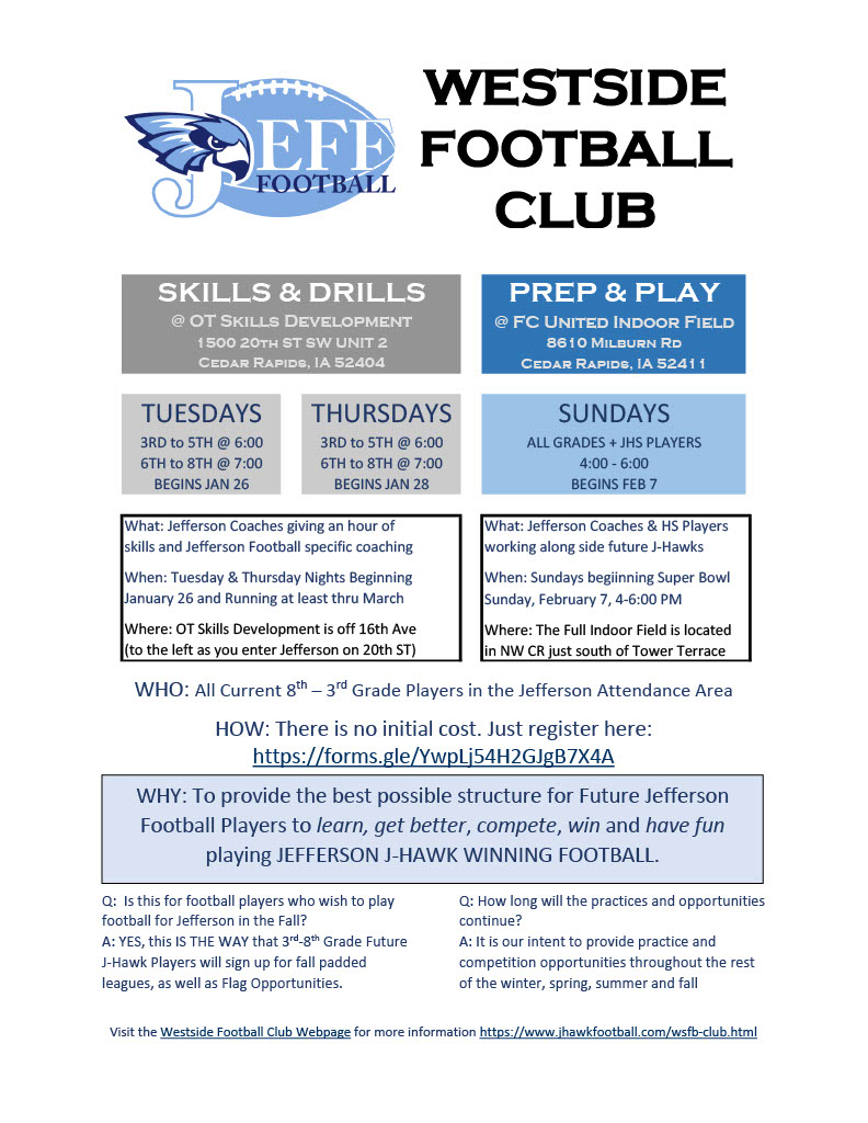 WESTSIDE FOOTBALL CLUB and JEFFERSON FOOTBALL ARE HERE.  3rd thru 8th Grade Future J-Hawks Register Here: forms.gle/GTFuT66aUi6c7g…