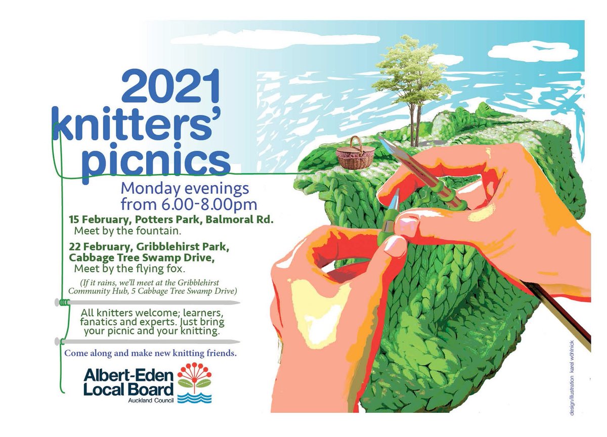 The Knitters' Picnics are back for 2021! 

Organised by Sue Elliott with support from the Albert-Eden Local Board, these are some Monday evening picnics in some beautiful Auckland Parks. Free entry, loads of fun, see you there!