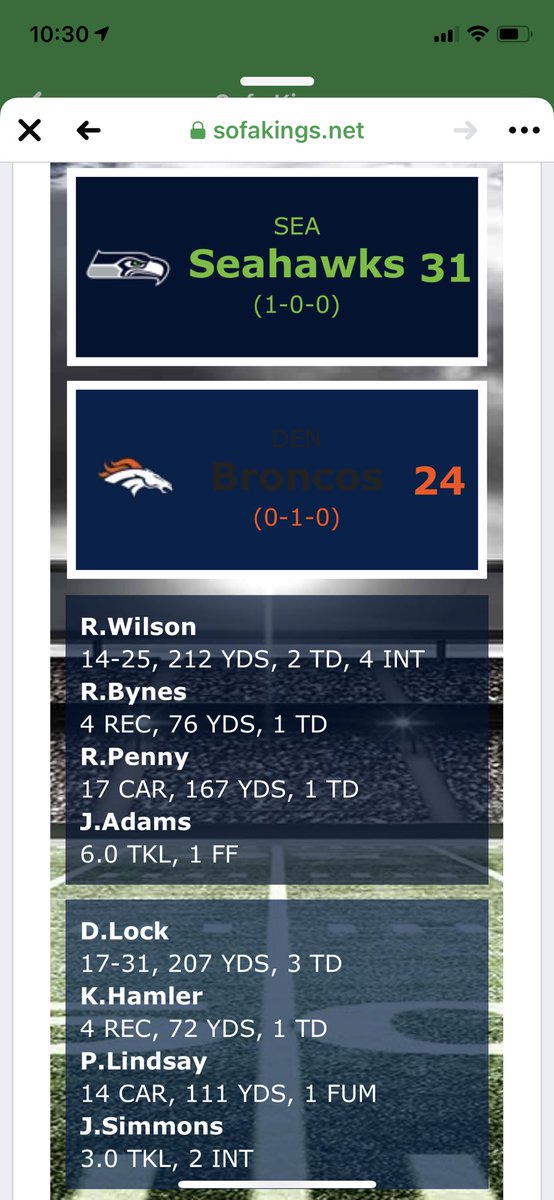 SK_Broncos's tweet photo. Despite winning the turnover battle week one the broncos fall short as Seattle makes a red zone stand late to help seal the victory. We travel To KC next week to try and get our first victory. @SK_Broncos @SofaKingsOnline https://t.co/MwqB2VNkmD