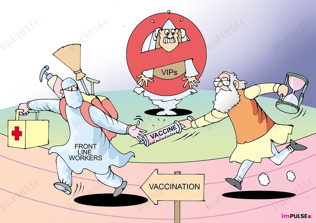 ThePulseIndia's tweet photo. In yet another move that is seen as a nudge to end #VIPculture, PM #NarendraModi in a meeting with Chief Ministers warned had warned that no politicians should cut lines and wait for their turn to get the #vaccine shot.
Our take #impulsecartoon #ThePulse #PulseIndia https://t.co/HcZAwoppFU