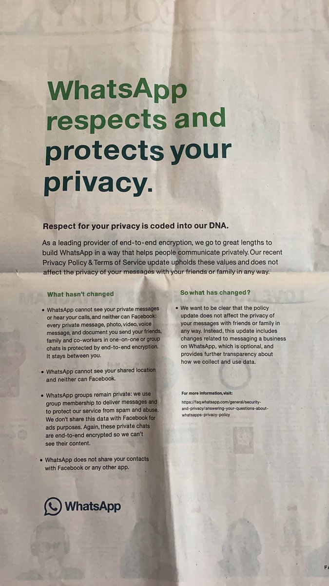 Whatsapp using all kinds of media to reach users and assure them their data is safe! Only business accounts affected and the too is optional but like i said the average user does make an effort to read all this and change the settings! 1/n  @ProfSomashekhar  @HaryaxPathak