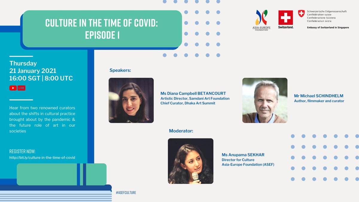 On 21 Jan, Diana Campbell Betancourt, chief curator of  <a href="/DhakaArtSummit/">Dhaka Art Summit 2020</a> and <a href="/samdani_art_fnd/">SamdaniArtFoundation</a> 🇧🇩 and Michael Schindhelm 🇨🇭, renowned author and curator will speak about the shifts in the cultural practice in the next 3-5 years. ➡️ Registering now! ow.ly/lvXd50D71LD