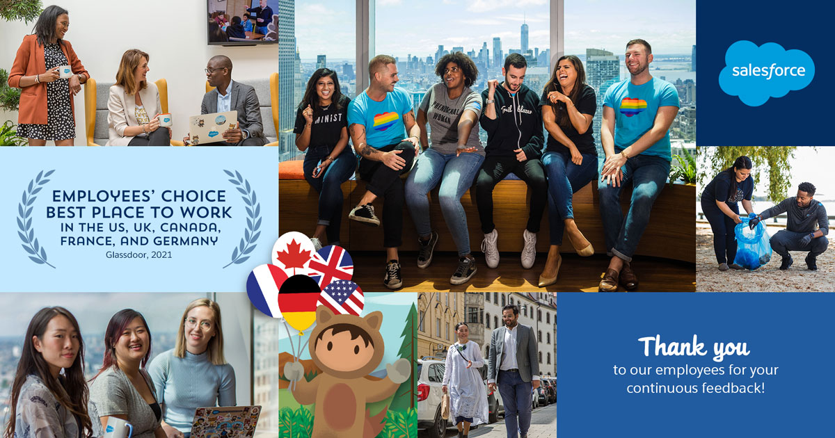 salesforcejobs's tweet photo. .@Salesforce has been named a @Glassdoor Employees’ Choice Best Place to Work in 5️⃣ countries - 🇺🇸, 🇨🇦, 🇬🇧, 🇫🇷, and 🇩🇪. Here's how we've prioritized and maintained our culture across the globe: https://t.co/3PngQHZKze  #BPTW
*Pictures Pre-COVID https://t.co/SSnM2T8GSN