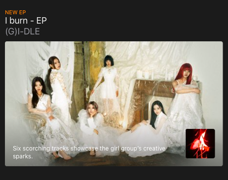 UMG_PH's tweet photo. Our scorching queens @G_I_DLE featured on @AppleMusic  Homepage banner with their hot release #I_burn 🔥

Check it out here 🔽
https://t.co/tEztZhQKJ7

#GIDLE #GIDLE_HWAA #HWAA #HWAAoutNOW #IBURNoutNOW https://t.co/1gJnlZGcwE