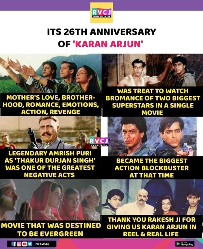 rvcjmovies's tweet photo. Karan Arjun 🔥 @iamsrk @BeingSalmanKhan @itsKajolD @RakeshRoshan_N 
#26YearsOfKaranArjun #srk #shahrukhkhan #salmankhan #kajol #rakeshroshan #bollywood #rvcjmovies https://t.co/itIXoWhNo9