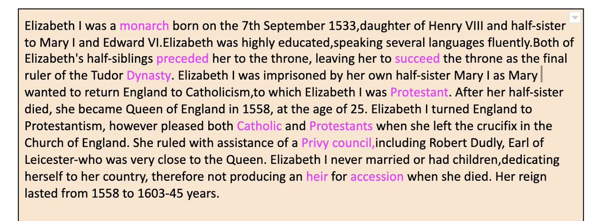 Well done to our fantastic year 10 historians for brilliant engagement in their online lessons so far this week! Paige from 10L/Hi1 here showing off her fantastic understanding of the beginning of Elizabeth I's reign and using all our key terms! <a href="/SpringwestA/">Springwest Academy 💙</a> <a href="/ACOBearman/">Ms Bearman</a>