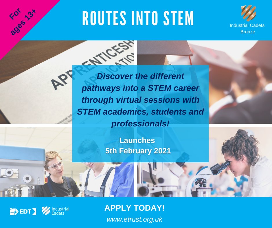 TheEDTUK's tweet photo. Do you know a young person aged 13+ who is interested in #STEM? Our virtual 'Routes into STEM' experience offers engaging &amp; insightful sessions to help young people discover the different pathways into a #STEM career. Sign up today to secure you place! https://t.co/rLqGBTJKdh https://t.co/3HAIJlmXtT