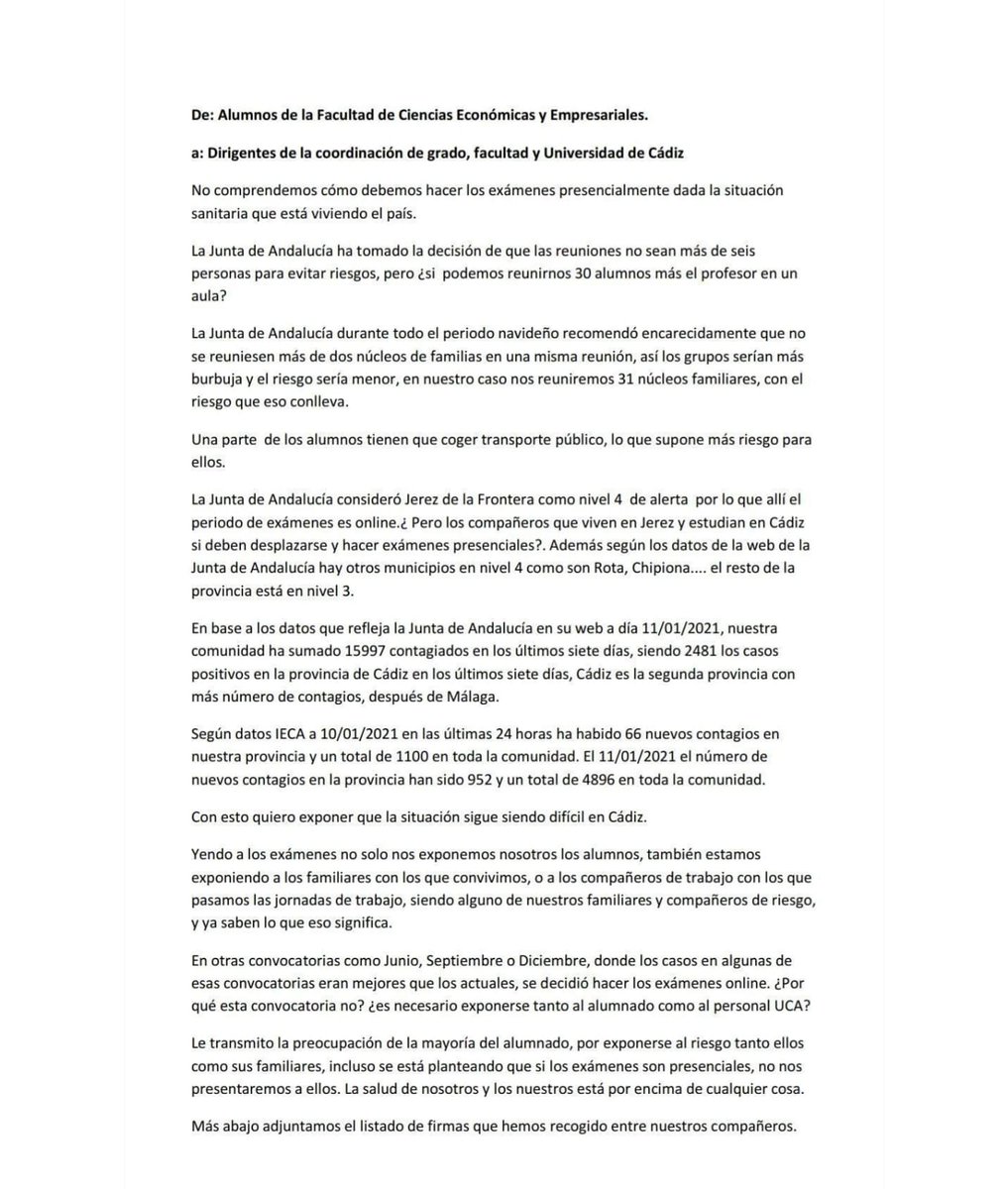 AlarmaUca's tweet photo. Este es el escrito de los alumnos de la Facultad de Ciencias Económicas y Empresariales. Cada día somos más. #AlarmaUca #ExamenesOnlineYa https://t.co/a22wskRkae