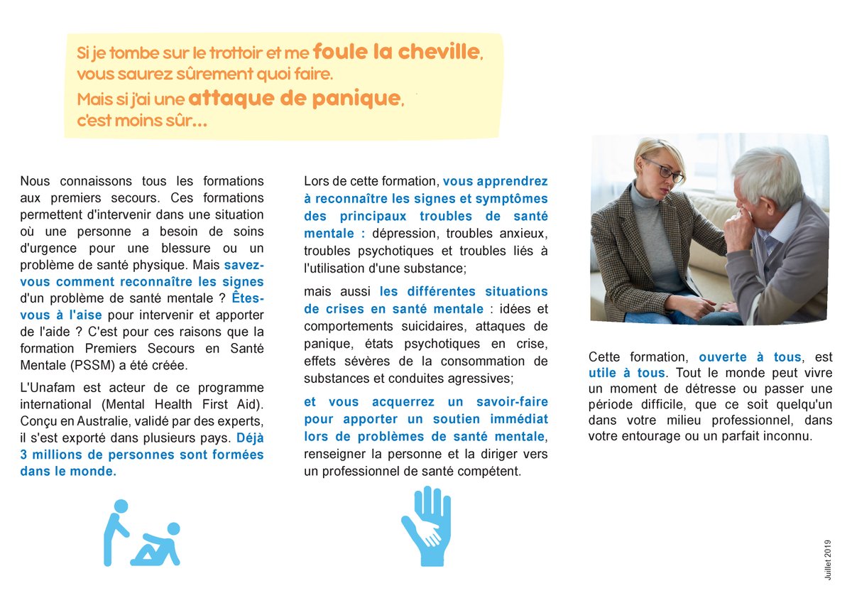 Unafam's tweet photo. 🚑 Vous connaissez les #PremiersSecours mais savez-vous réagir face à un problème de #SanteMentale ? L'Unafam organise des #formations aux Premiers Secours en Santé Mentale #PSSM
📅 Prochaine session 28-29/01 à Paris
📌 Clôture des inscriptions 18/01
👉 https://t.co/PfAHU51cOK https://t.co/JCtkpXErKh
