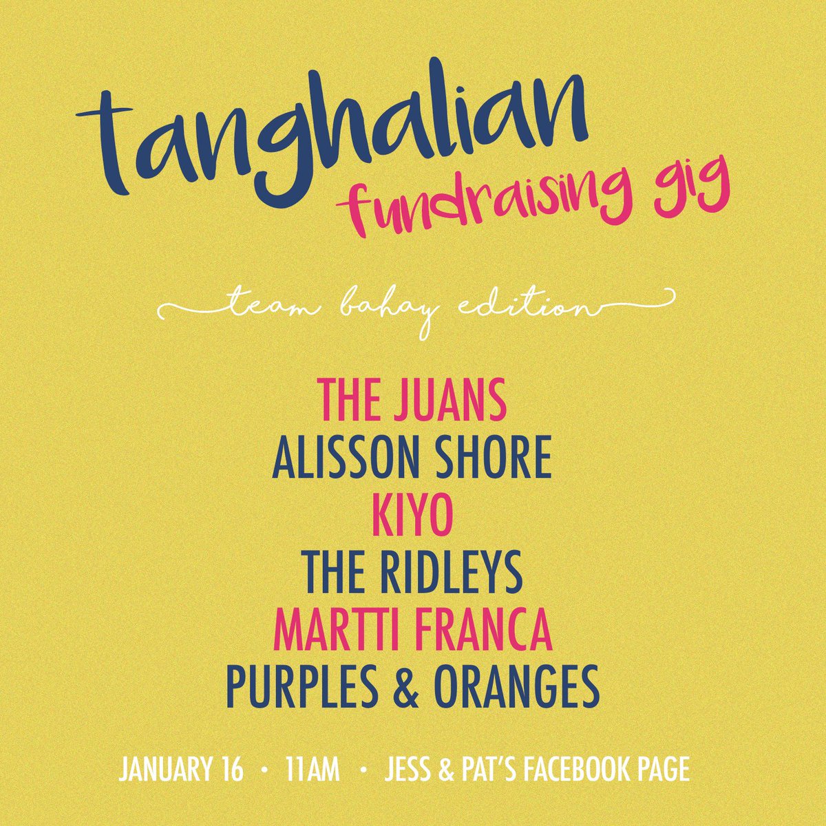 jessxpats's tweet photo. Namiss niyo ba ang #TanghalianGig? ITO NA! 🤗

Kitakits sa Tanghalian Fundraising Gig feat @TheJuans_BAND @alisson_shore @Yukihirorubio @TheRidleysMusic @MarttiFranca @purplesnoranges on Jan 16 ❤️ ANY AMOUNT WILL GO A LONG WAY, FAM! ❤️

Sana maka-order din kayo ng food sa Sat 🙌 https://t.co/kRQp5TDpRU