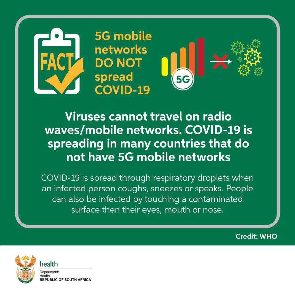 DrZweliMkhize's tweet photo. 5G network towers do not spread #COVID19. The virus is spread through respiratory droplets emitted from an infected person. #SpreadCOVIDFacts https://t.co/Y0dsDKSRCl