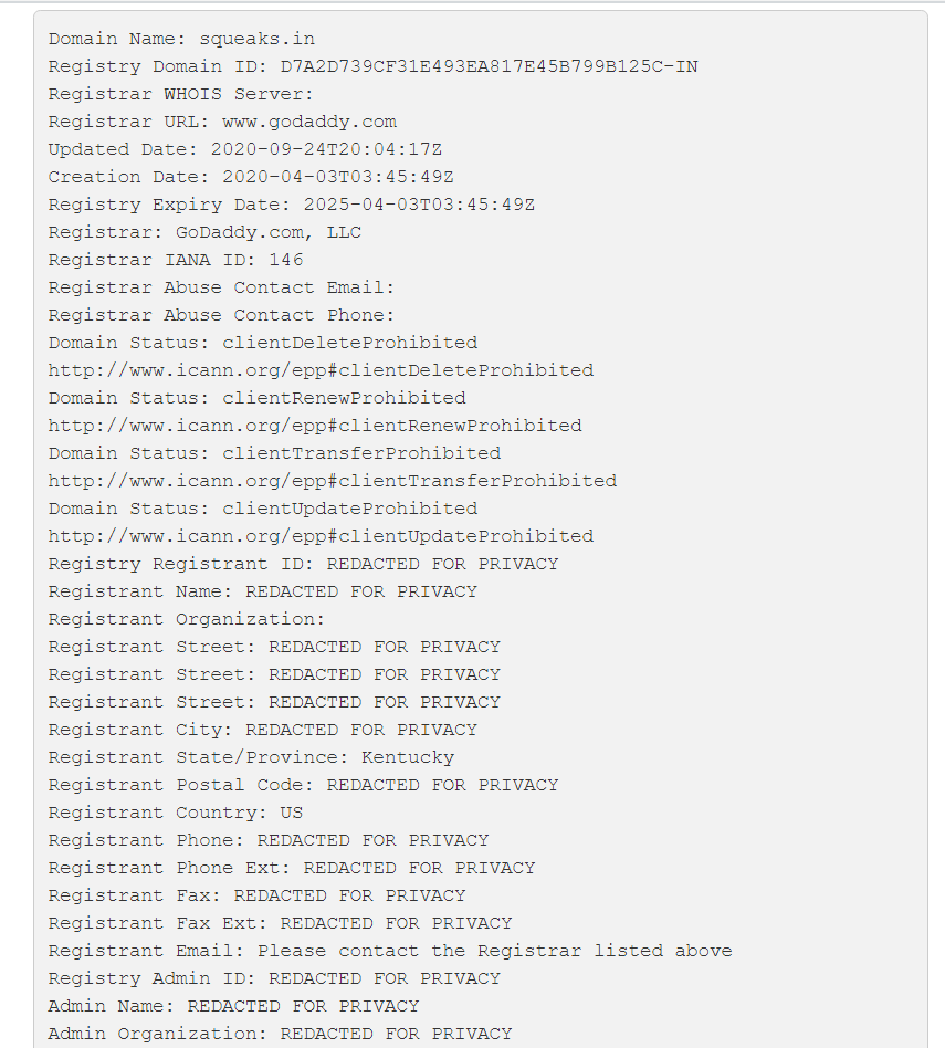 This basically proves that other than the ".in" domain, there is nothing Indian about this. Now, let's check who owns this domain.Open  http://whois.registry.in  in a new tab and search  http://squeaks.in  after completing captcha there.Results is kind of shocking to me...