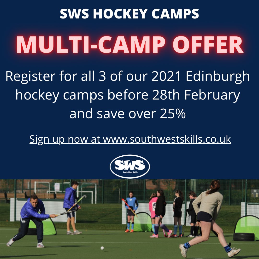 Sign up now at southwestskills.co.uk for all 3 Edinburgh Hockey Camps and save over 25%. 

Offer ends 28.02.21 Limited spaces available.
All of our camps will run in line with Scottish Government, SportScotland and Scottish Hockey’s Covid-19 guidelines at the time of each camp.