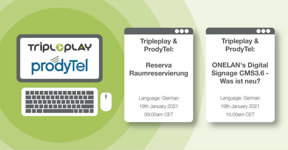 Coming soon! Our latest webinars with <a href="/prodytel/">prodyTel Distribution GmbH</a> on Jan 19th. Register today to discover what's new in <a href="/onelan_ltd/">ONELAN</a>'s CMS3.6, and discover more about our Reserva room booking solution.
Register here:  tripleplay.tv/webinars/
#avtweeps #iptv #digitalsignage