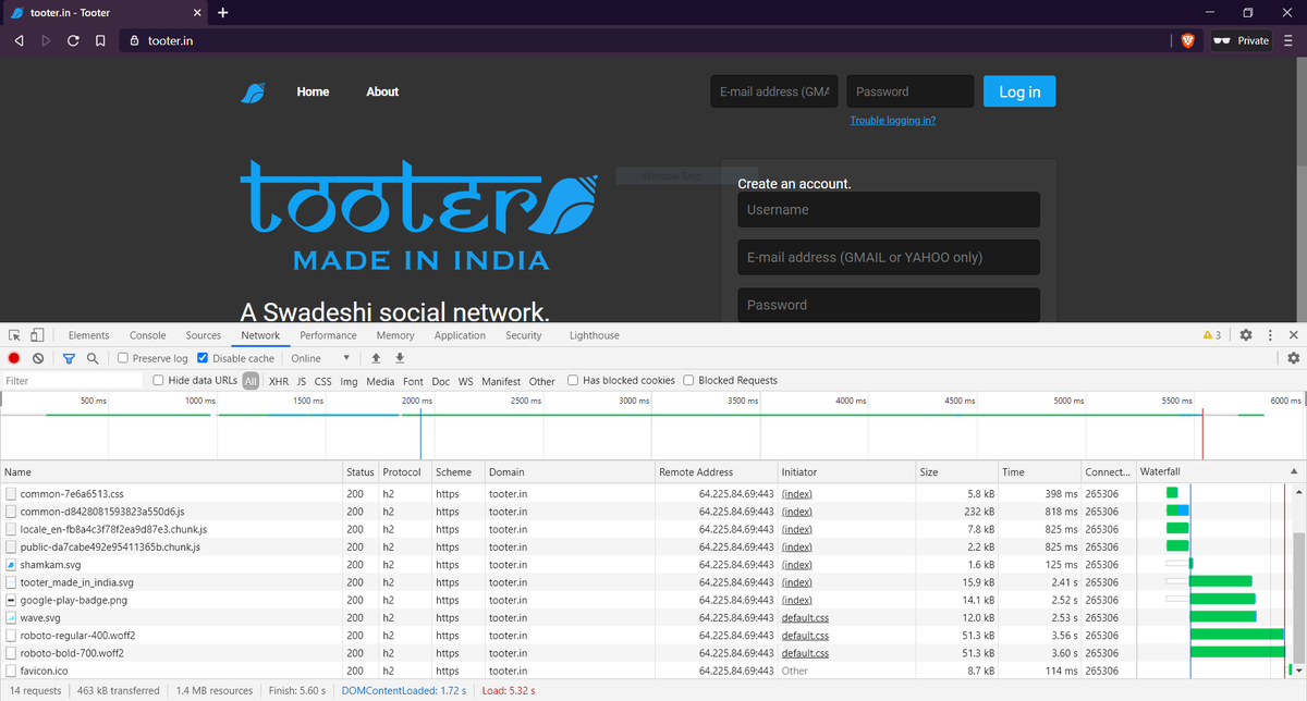 Now let's come to  http://tooter.in , open it in a tab and open DevTools with F12 as you did before and note the domain and IP. It is basically accessing only one domain on one server.1.  http://tooter.in  (64.225.84.69)Let's find out where this IP is hosted...