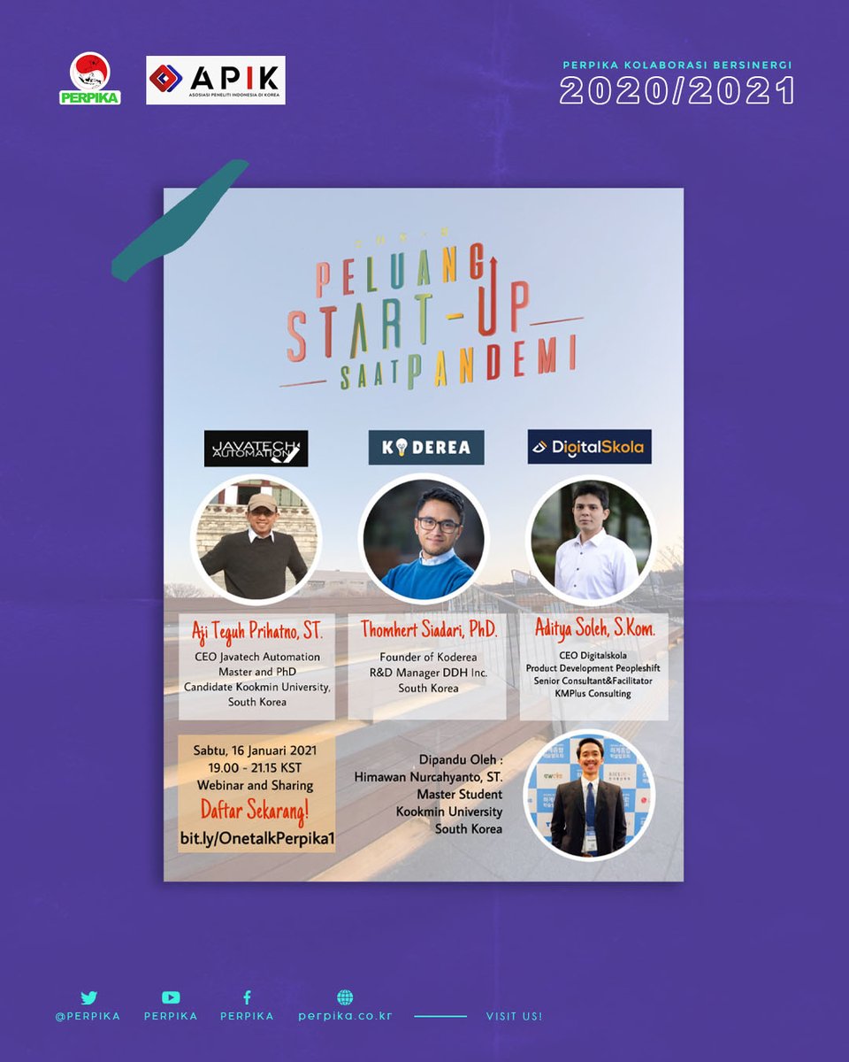 Perpika's tweet image. halo sobat Perpika!

Perpika Wilayah 1 proudly presents⭐
OneTalk #1 "Peluang Start Up saat Pandemi"

🗓Sabtu, 16 Januari 2021
⏰19.00-21.15 KST (17.00-19.15 WIB)
👨🏻‍🏫Zoom Meeting (bit.ly/ZoomWilayah1)

link pendaftaran:
🔗bit.ly/OnetalkPerpika1

segera daftarkan dirimu!🤗