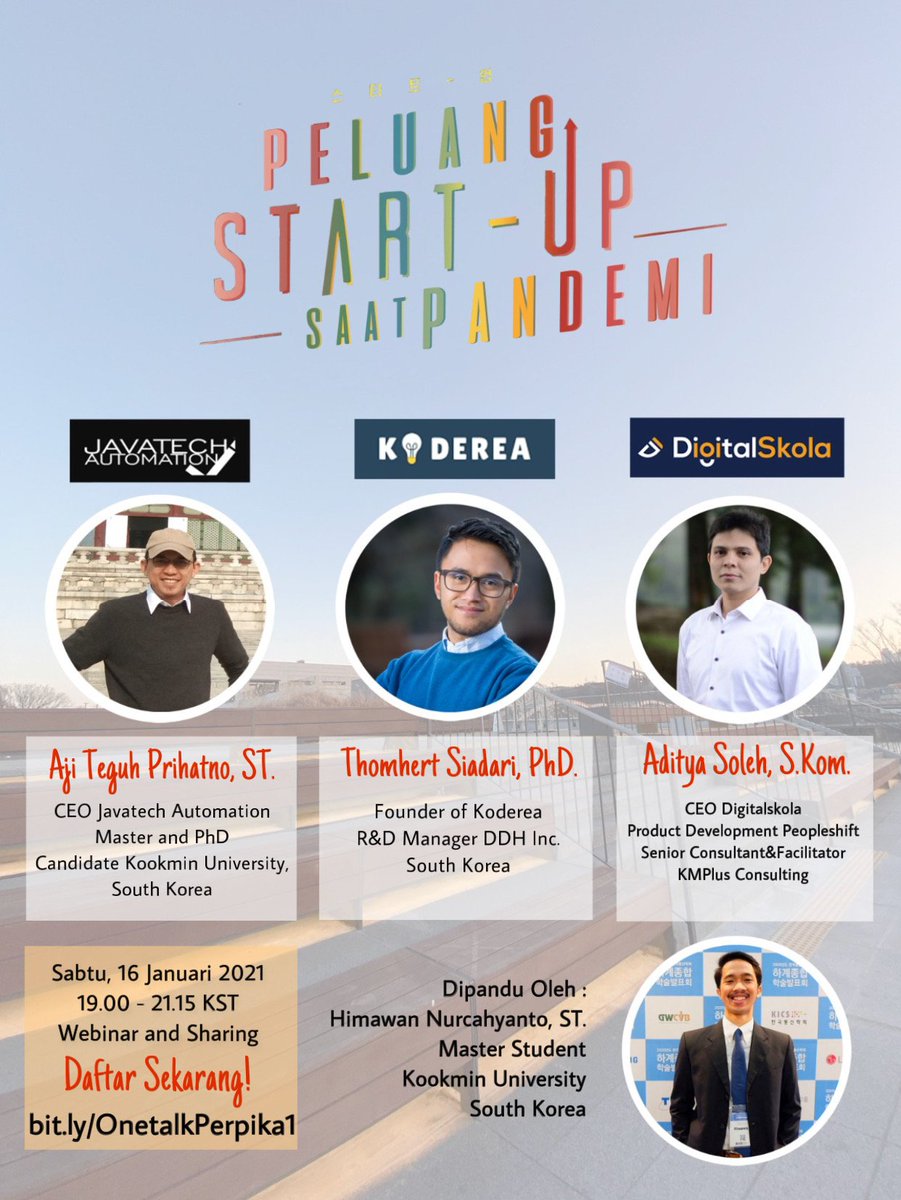 Perpika's tweet image. halo sobat Perpika!

Perpika Wilayah 1 proudly presents⭐
OneTalk #1 "Peluang Start Up saat Pandemi"

🗓Sabtu, 16 Januari 2021
⏰19.00-21.15 KST (17.00-19.15 WIB)
👨🏻‍🏫Zoom Meeting (bit.ly/ZoomWilayah1)

link pendaftaran:
🔗bit.ly/OnetalkPerpika1

segera daftarkan dirimu!🤗