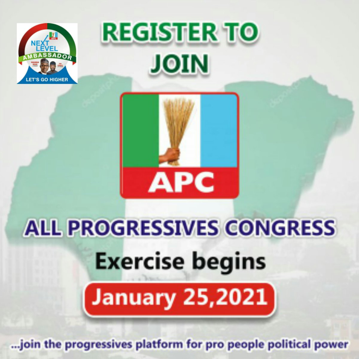 NextLevelAmbas1's tweet photo. REGISTER TO JOIN ALL PROGRESSIVES CONGRESS (APC) - NEXTLEVEL AMBASSADORS

@MBuhari
@apcyouthomoodua
@APCUKingdom
@OfficialAPCNg
@DeeOneAyekooto
@AsiwajuTinubu

https://t.co/um1DAxc0zk https://t.co/i5HNY6NHsO