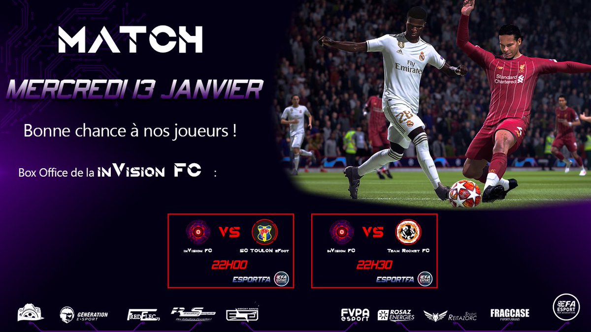 💥ANNONCE MATCHS💥

Voici le programme de la J3 et J4 de la <a href="/inVisionFC/">inVision FC</a> en <a href="/eSportFA_FR/">ESPORT FOR ASSOCIATIONS</a>

Ils rencontreront ce soir à 22h00 <a href="/EsportToulon/">Pontus83</a> puis <a href="/T3am_Rocket/">Alvin Betancourt</a> à 22h30, en espérant faire un perfect✅

Bon matchs à tous !👍