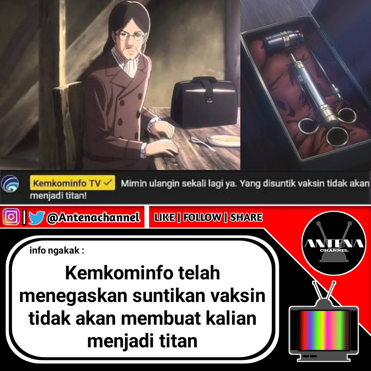AntenaChannel's tweet photo. Sudah di pastikan tidak ada founding Titan 1 di Indonesia #Indonesia #Vaksin #ngakakkocak #AttackonTitanFinalSeason #VaksinasiDimulai #viralindonesia https://t.co/qX2c1vXK9B