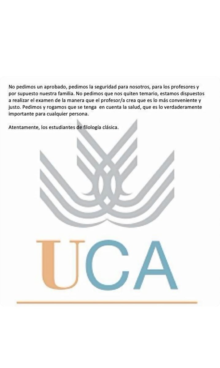 AlarmaUca's tweet photo. Otro más en el día de hoy, tercer y cuarto curso del grado de Filología Clásica. #AlarmaUca #ExamenesOnlineEspana #ExamenesOnlineYa https://t.co/iJmXtHCKKG
