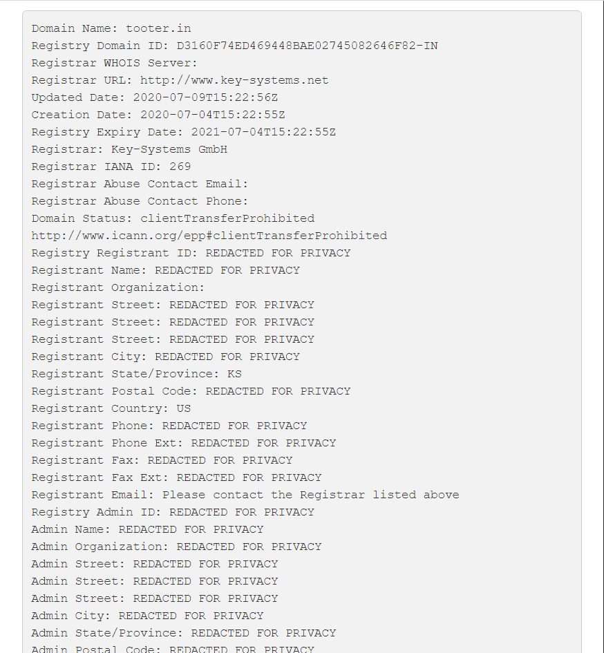 Again, this proves non of the data belongs to Indian servers, they are all hosted in USA and there is nothing except the ".in" is Indian here too. Let's check the domain owner.Open  http://whois.registry.in  and query  http://tooter.in .Shocking indeed...