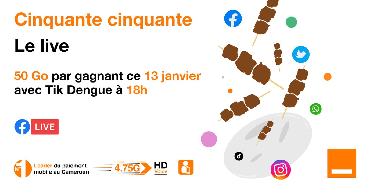 Orange_Cameroun's tweet photo. 1000 Go à se partager !!! ✌🏼

Combi viens jouer avec Tik Dengue et tente ta chance de gagner 50 Go njohhhhh 😎

Ce 13 janvier c'est 50 Go chacun !

Rendez-vous à 18h en live sur notre compte Facebook.

#Vivons2021Vivants
#cinquantecinquante https://t.co/N8VHwCb72e