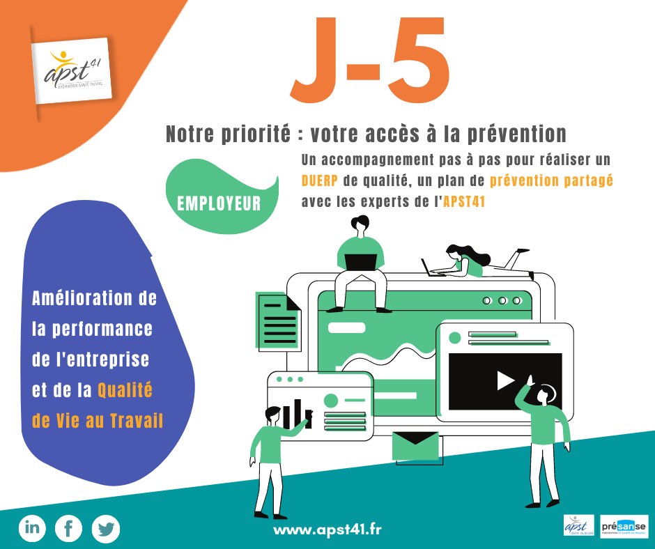 apst41's tweet photo. L’#APST41 service de #santé au #travail du #LoiretCher propose à ses adhérents ayant un effectif de 2 à 10 #salariés le #DUERP dématérialisé. Plus d'informations prochainement sur notre site internet : https://t.co/NCl1F9IQu9 (3/8) #padoa #employeur #presanse @presanse https://t.co/JQfYfHR2k0