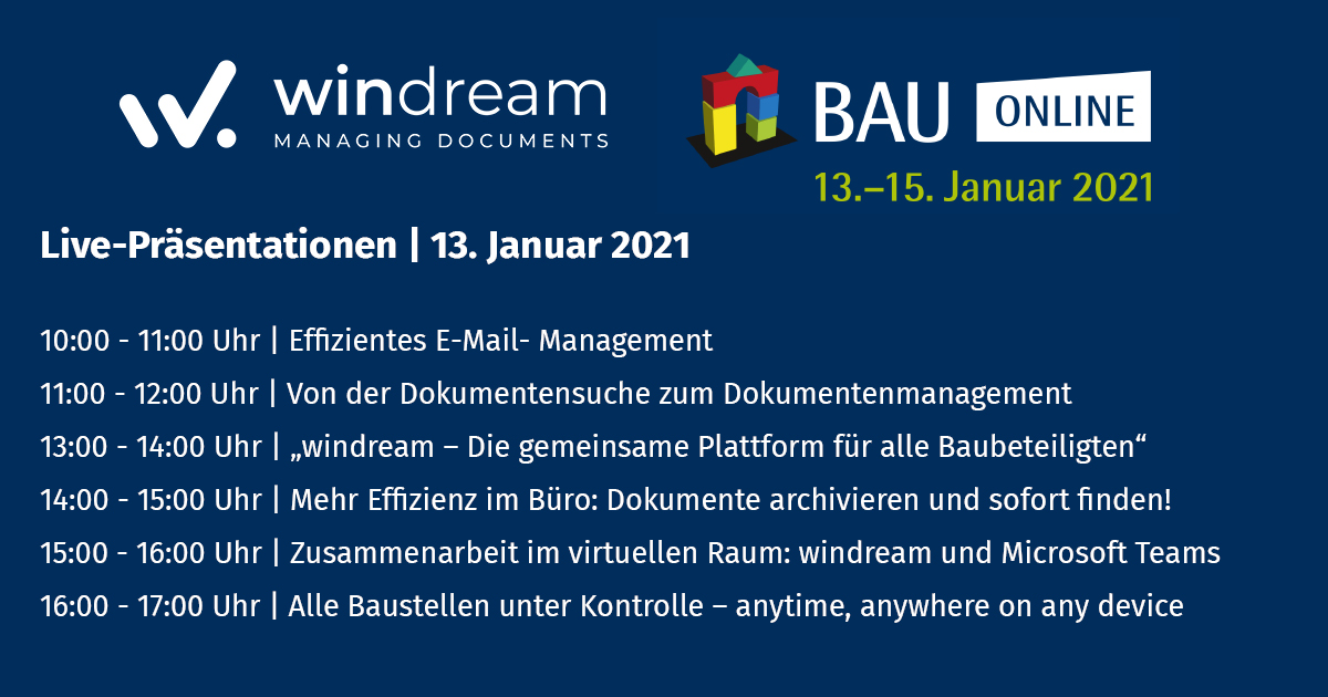 Heute beginnt die BAU Online. Unsere Live-Präsentationen für Mittwoch, den 13. Januar im Überblick.
Jetzt kostenlos registrieren:
bit.ly/39K6I8W
#windream #dokumentenmanagement #dms #ecm #digitalisierung #windream7 #digitalebauakte #bauwesen #bauonline
