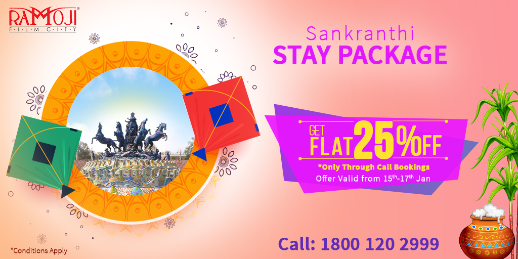 Ramoji_FilmCity's tweet photo. Sankranthi weekend at Ramoji Film City. Sankranthi Special Stay Package includes customized trip experience, kite flying, themed dinner, and much more. Offer- 15th Jan to 17th Jan. Call 1800 120 2999. *ConditionsApply #SankranthiStayPackage #staypackage #ramojifilmcity #Hyderabad https://t.co/lzT8og3UOz