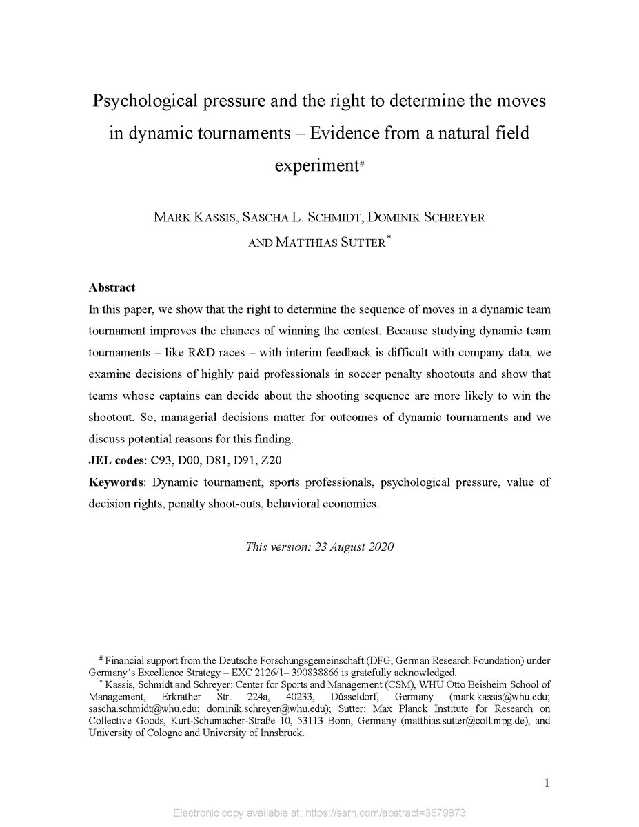 schreyerforscht's tweet photo. Exciting news: Our manuscript exploring the role of the right to decide about the shooting sequence in penalty shootouts (i.e., kicking first/second) has just been accepted for publication in Games and Economic Behavior!

Here's the link to the preprint: https://t.co/bsunx0a8Km! https://t.co/lfxr5wBN61