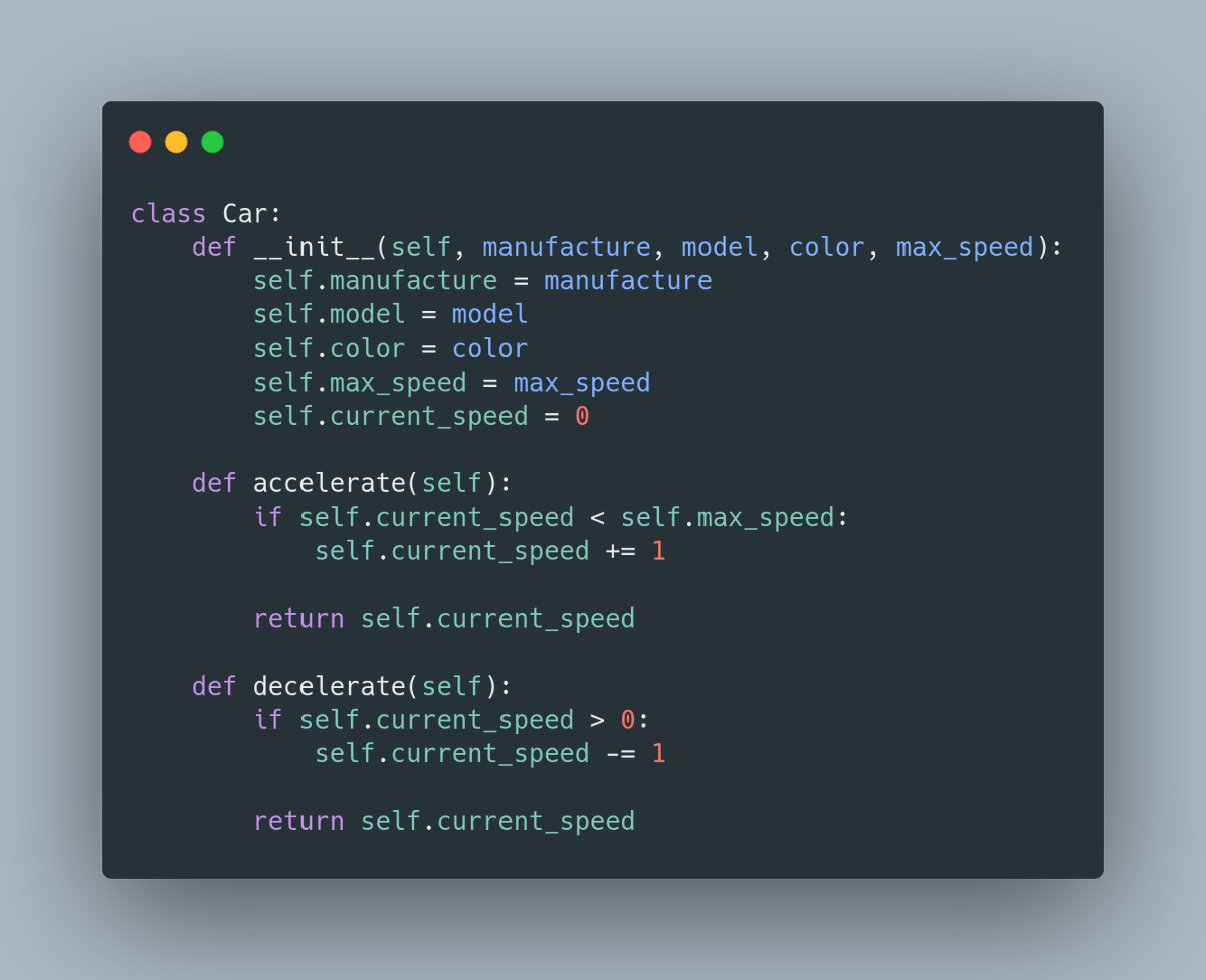  To define a class in Python you need to use *class* keyword__init__ method is a constructor. It sets the initial values of the object.They can be passed as argument (e.g. color) or set to the constant initial value (e.g. current_speed)