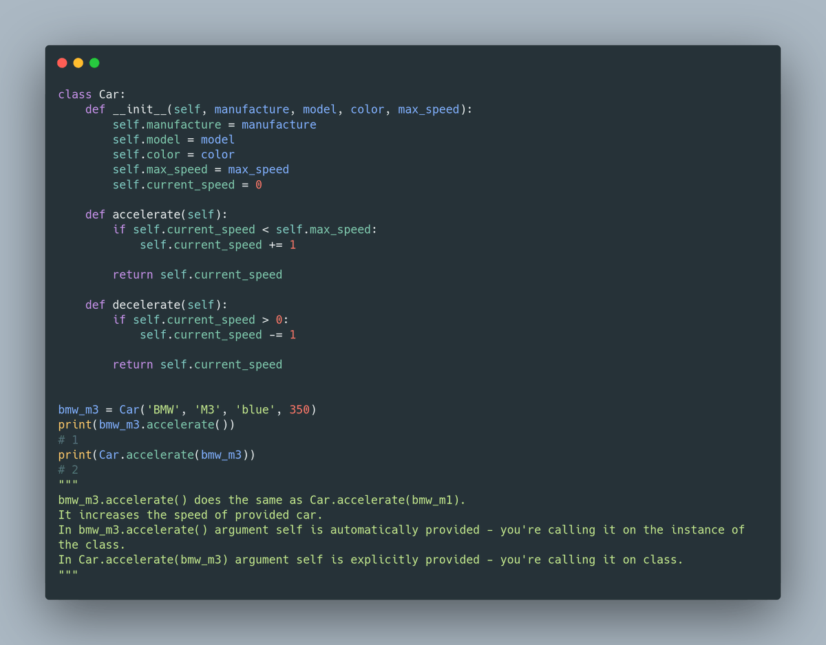  Instance methods need a class instance (actual object).You can spot such methods by their first argument - self*self* is an instance of a class on which you're calling the methodIt's automatically passed when you call the method on the object