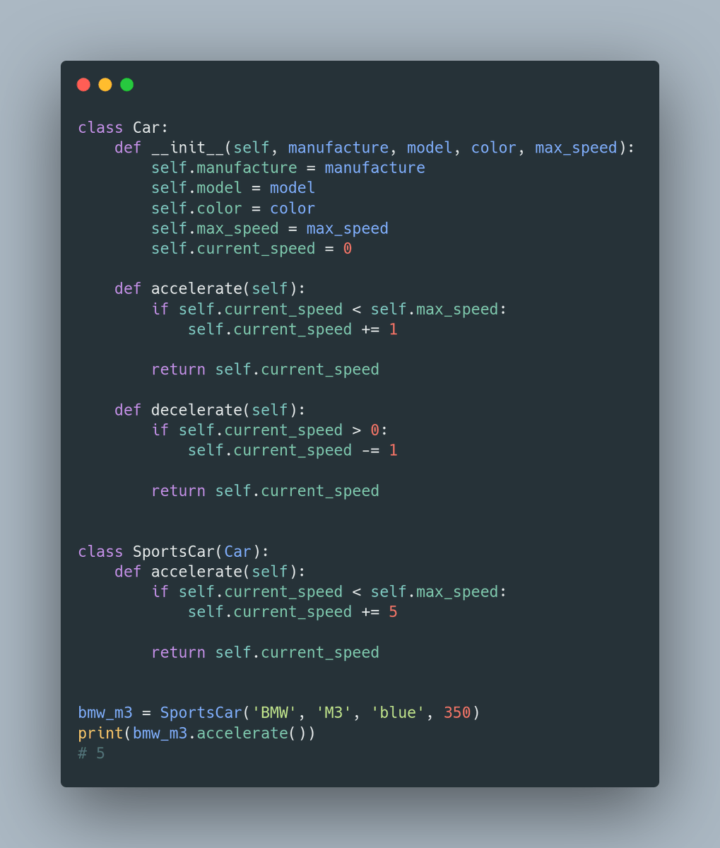  Classes also support inheritanceWe can extend the existing functionality without duplicating our existing codeFor example, we can create SportsCar that will inherit everything from Car but accelerates faster