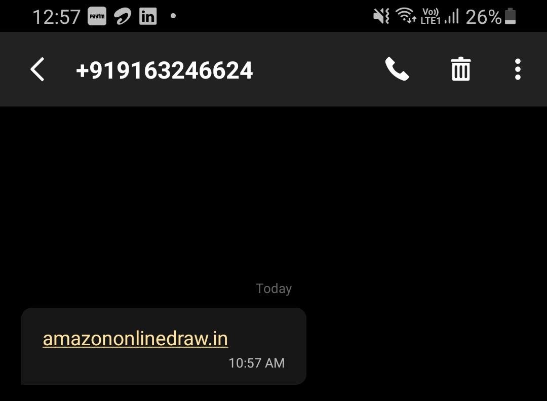 Caller said he was sending me an SMS with the Amazon website address. I told him, hey, no worries I have the Amazon web address. He said no sir, Amazon has a website only for their lotteries, pls stand by sir. Yessss! Got it...  http://amazononlinedraw.in  2/